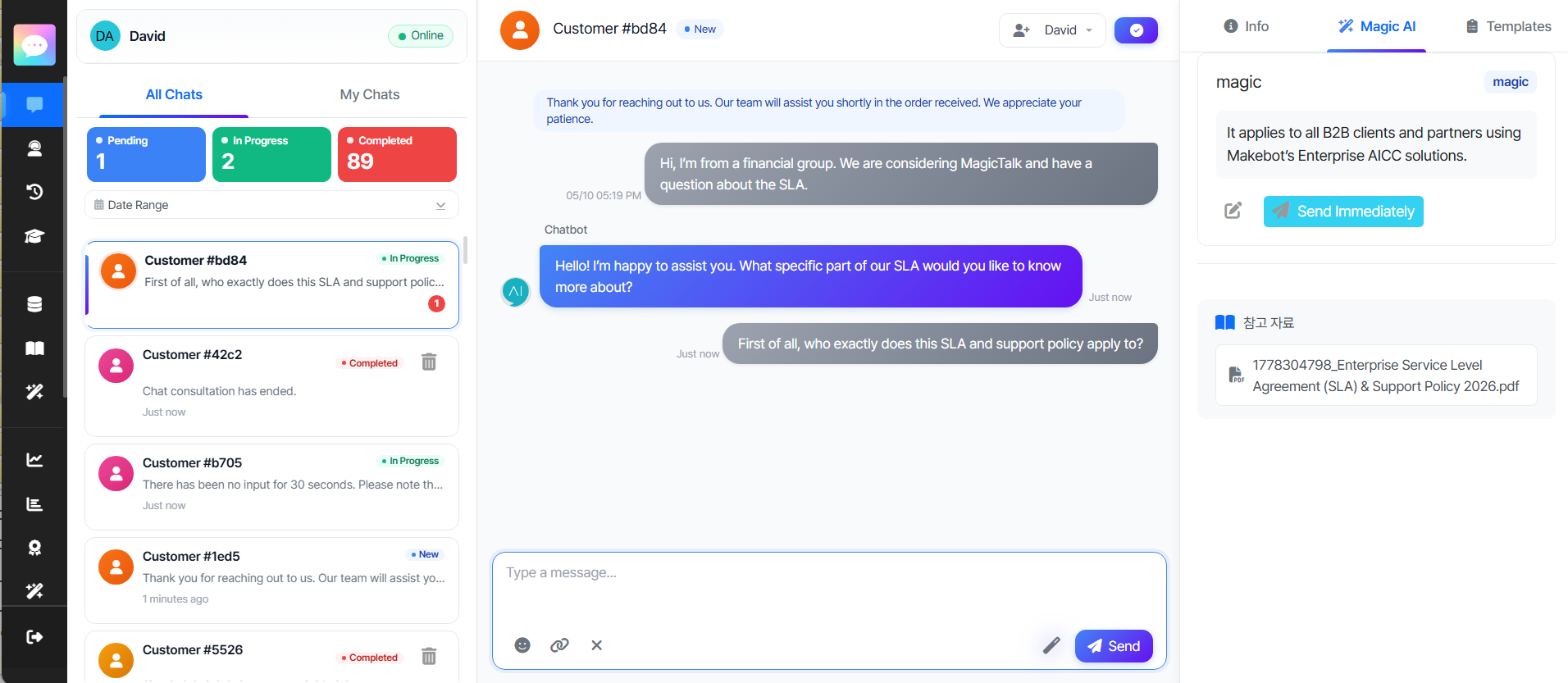 Consola de chat de agente de MagicTalk — Panel de Magic AI en acción